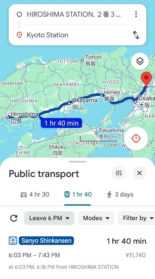 hiroshima to kyoto train map. hiroshima and himeji in one day
